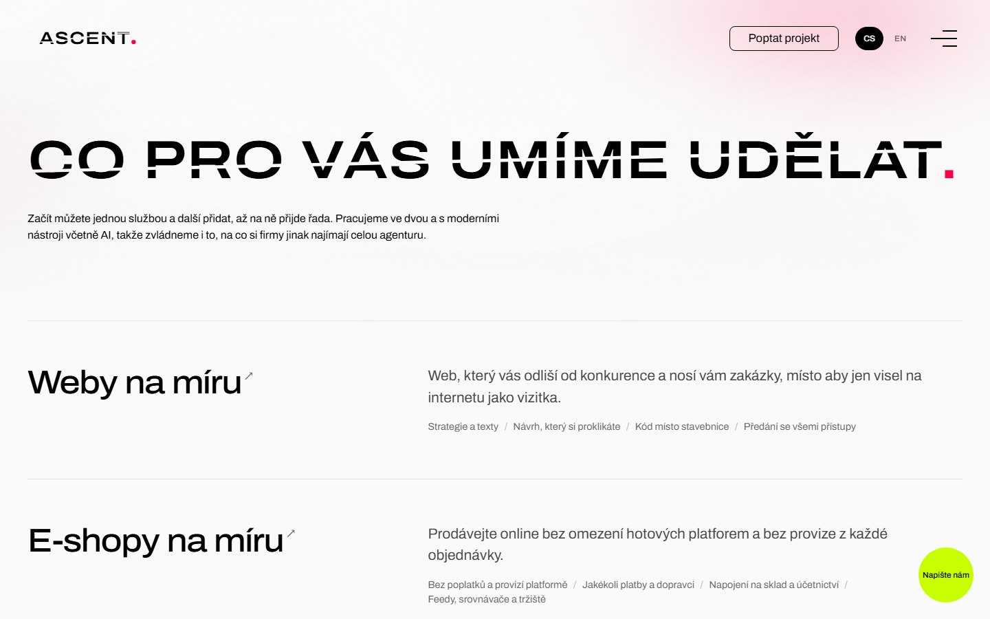 Nadpis jedné z vnitřních stránek ASCENT ve stylu loga, s řezem, který stoupá přes celý řádek.