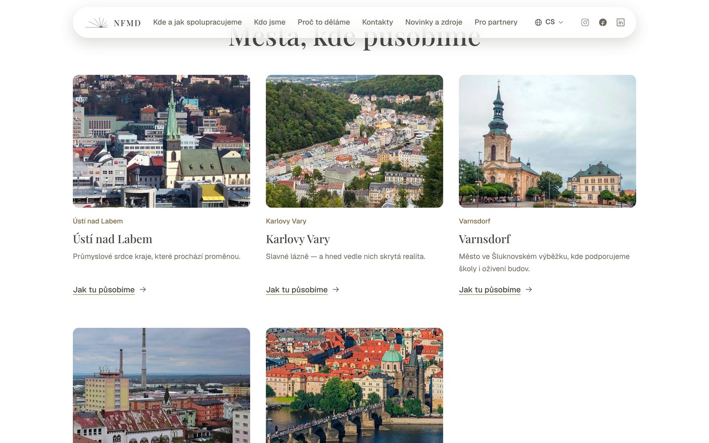 Sekce Města, kde působíme: karty s fotkami Ústí nad Labem, Karlových Varů, Varnsdorfu a dalších měst.