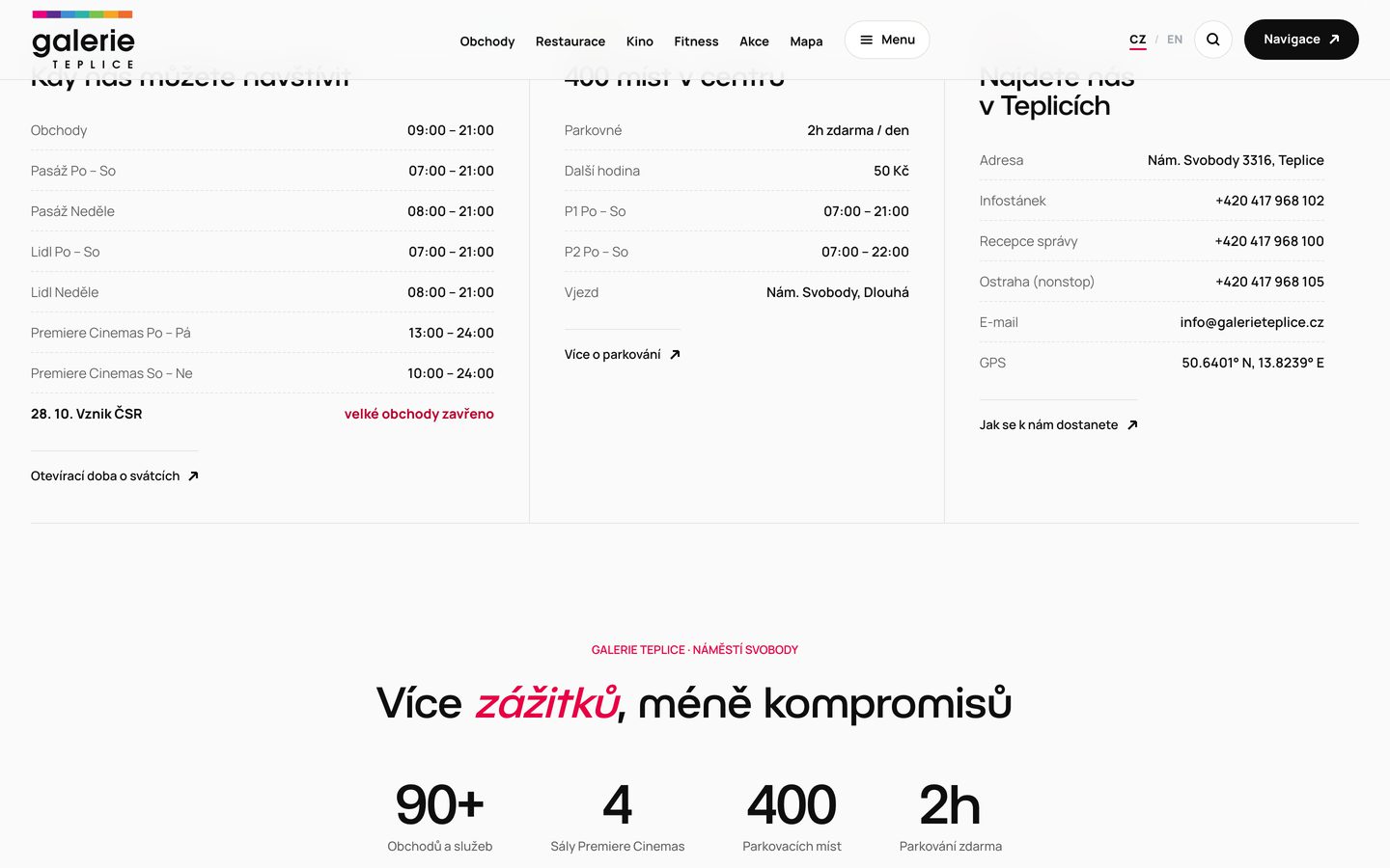 Otevírací doba, parkování a kontakty na webu Galerie Teplice, pod nimi čísla o centru.
