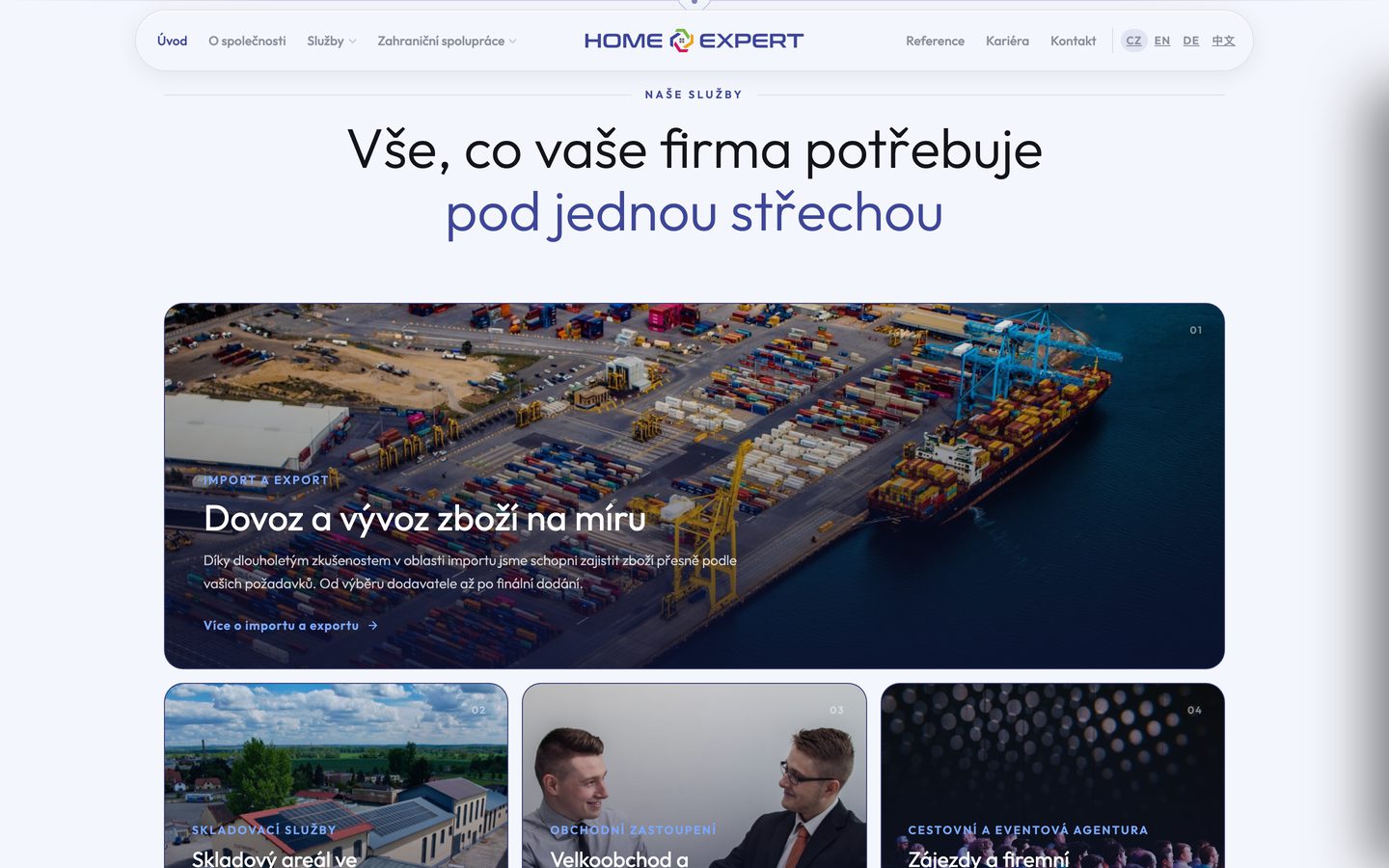 Sekce služeb na webu Home Expert: velká karta Dovoz a vývoz zboží a pod ní karty dalších služeb.