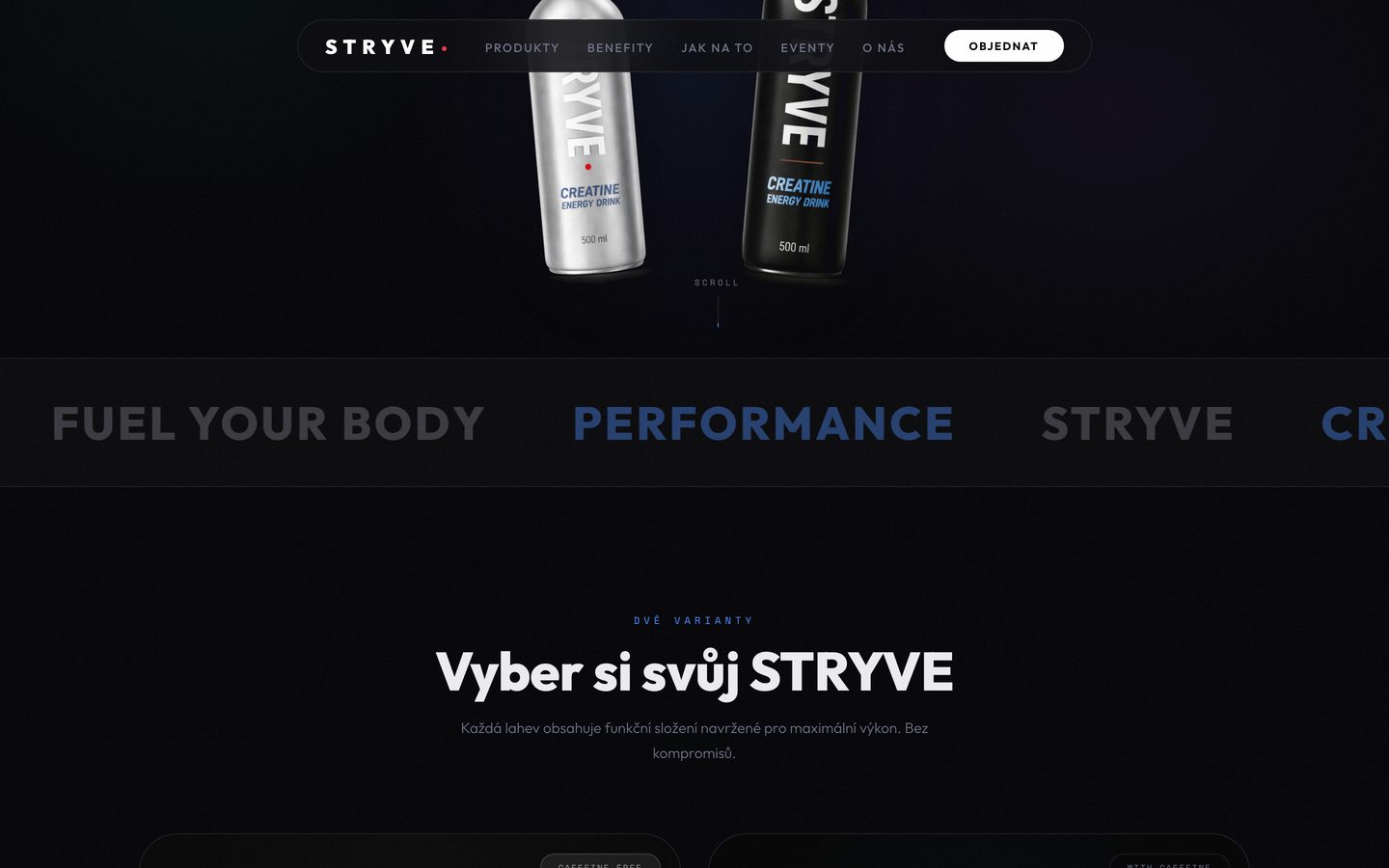 Stříbrná a černá láhev STRYVE a pod nimi sekce pro výběr varianty nápoje.