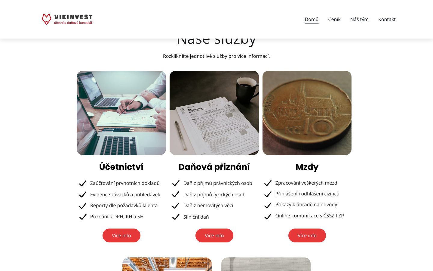 Sekce služeb na webu Vikinvest: tři sloupce, Účetnictví, Daňová přiznání a Mzdy, každý se seznamem a tlačítkem.
